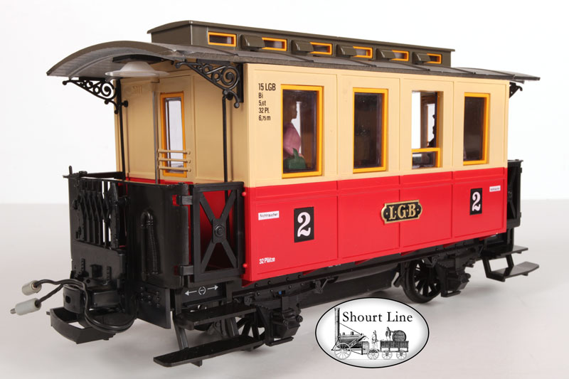 G Scale LGB 20301 Passenger Train Ultimate Starter Set with SL-6525911 Lighting System shoing LGB power plugs on front of a passenger car