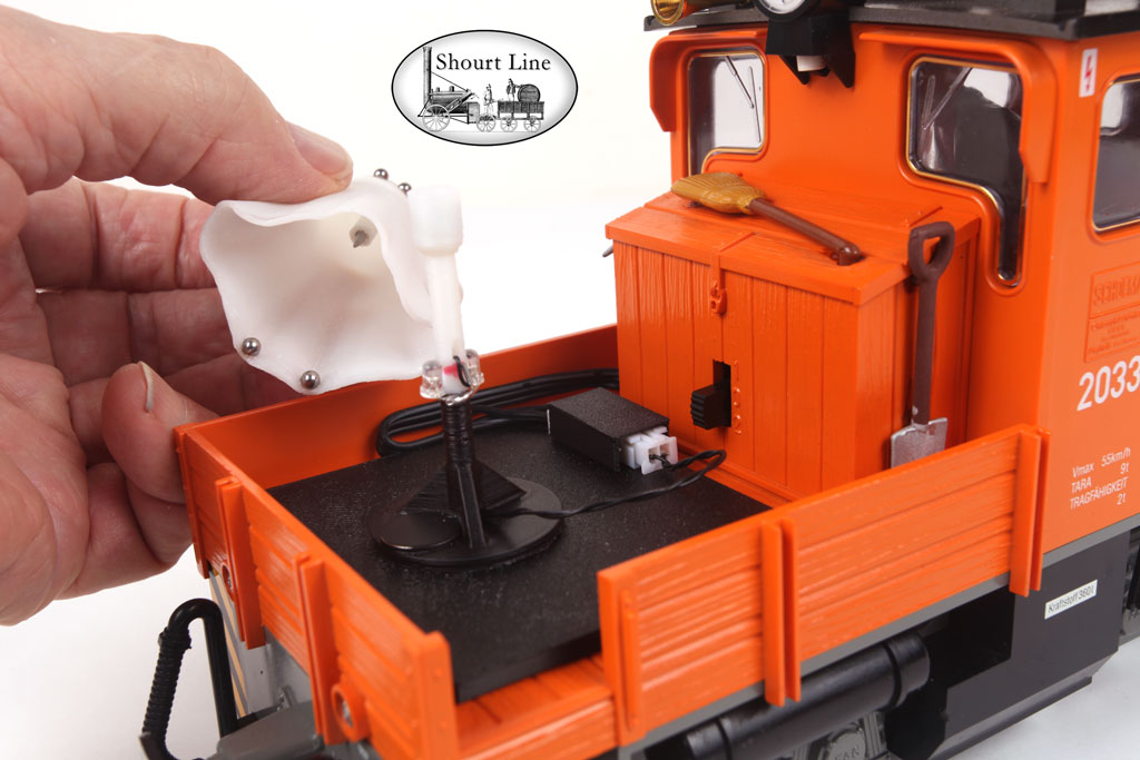 G Scale LGB 2033 Catenary Electric Work Loco and track powered Halloween SL 9821001 Dancing LED Ghost, SL 9907632 A Universal Wired Mounting Platform, and SL LED controller ghost inside view