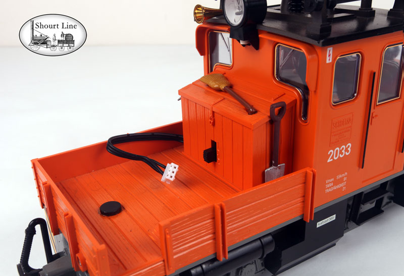 G Scale LGB 2033 Catenary Electric Work Loco and track powered Halloween SL 9821001 Dancing LED Ghost, SL 9907632 A Universal Wired Mounting Platform, and SL LED controller showing power connector - Ghost removed